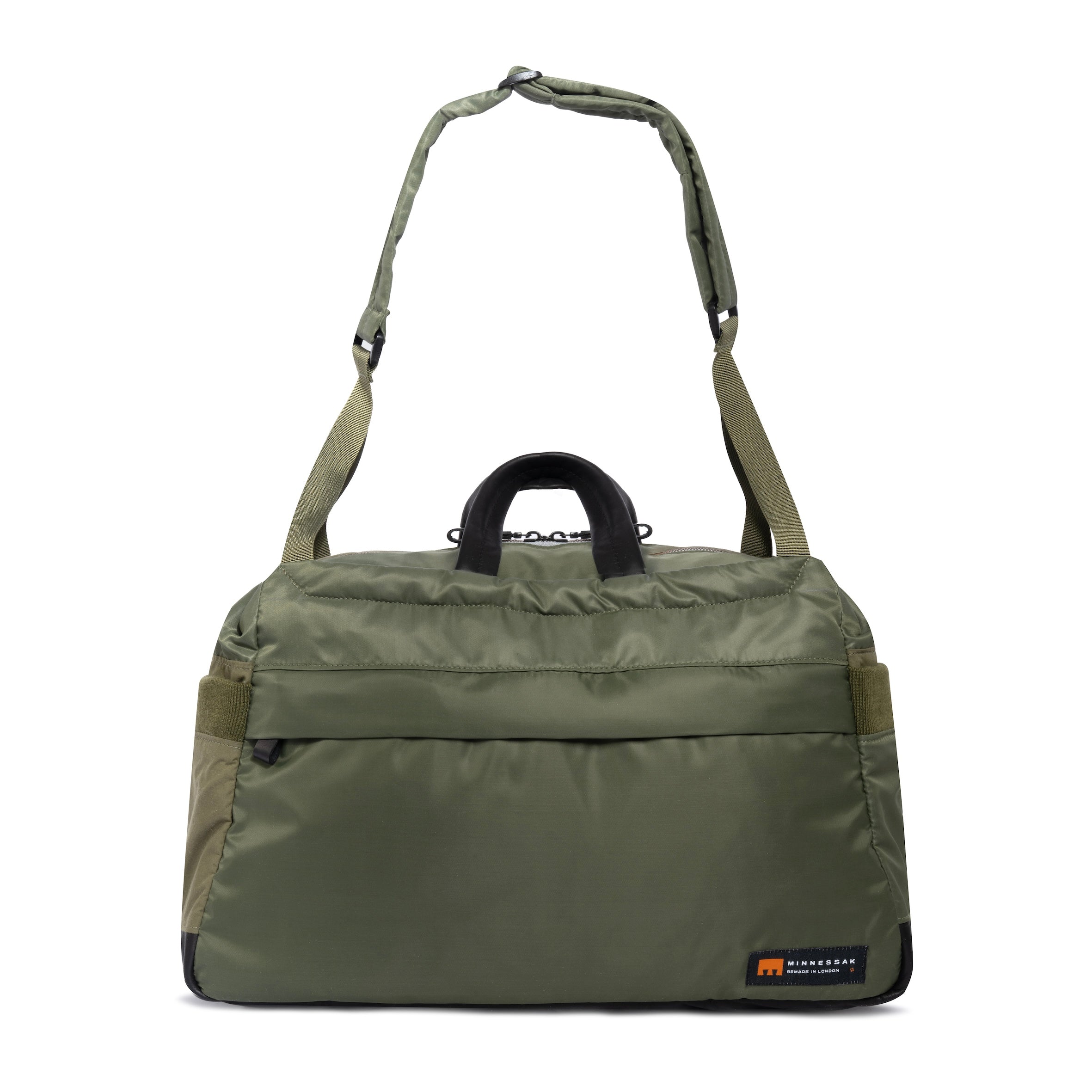 Olive Weekender/Gym bag with strap and MInnessak logo on white background