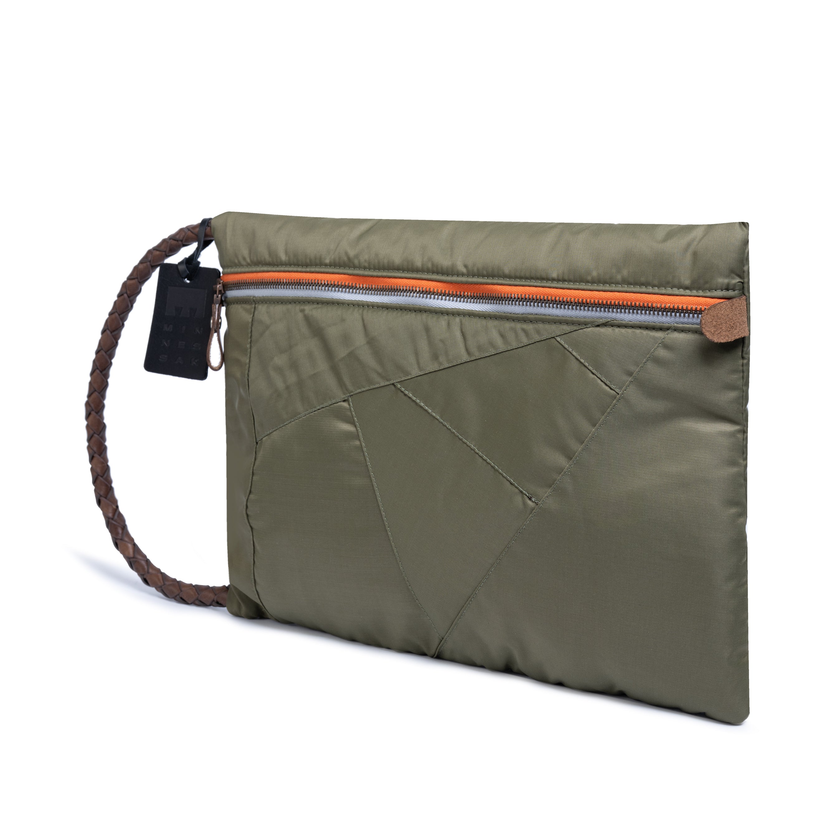 Olive clutch bag with a brown strap on a white background