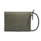 Green bag with a brown strap on a white background