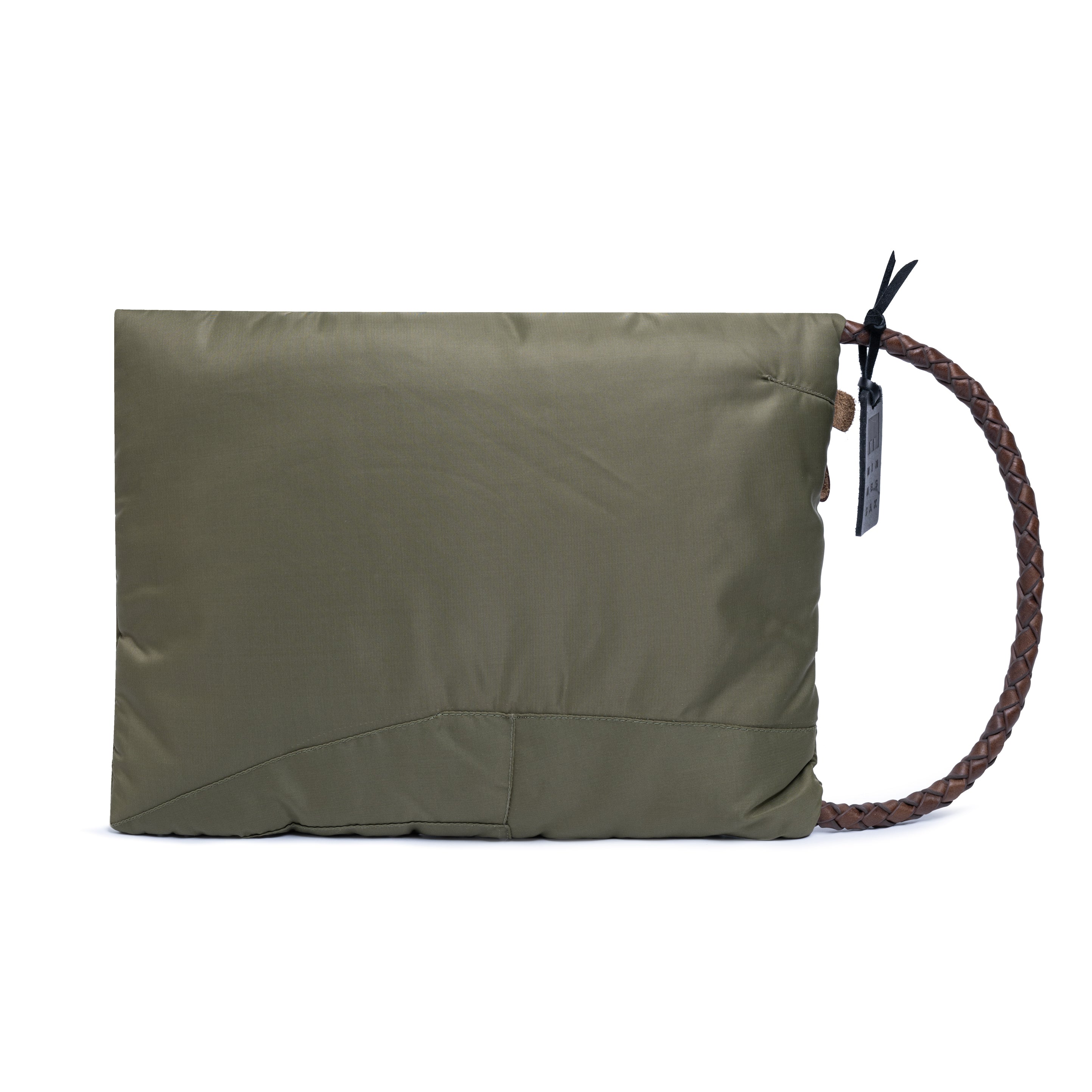 Green bag with a brown strap on a white background