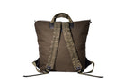 Olive Back Up/26 sustainable backpack handmade from repurposed MA-1 flight jacket material with quilted shoulder straps and vintage Italian leather details.