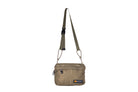 Olive Just Flight [Small], small, sustainable utility crossbody bag, handmade in London from repurposed MA-1 flight jackets and deadstock waxed cotton material, with two zip compartments.