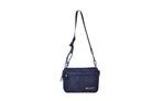 Navy Just Flight [Small], small, sustainable utility crossbody bag, handmade in London from repurposed MA-1 flight jackets and deadstock waxed cotton material, with two zip compartments.