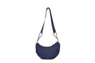 Navy Boat Small sustainable crescent crossbody bag handmade from  deadstock Halley Stevensons dry waxed cotton material, with adjustable shoulder strap. Back