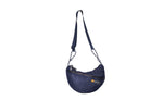 Navy Boat Small sustainable crescent crossbody bag handmade from repurposed MA-1 flight jacket material with adjustable shoulder strap and front zip pocket. Front