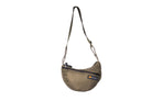 Olive Boat Small sustainable crescent crossbody bag handmade from repurposed MA-1 flight jacket material with adjustable shoulder strap and front zip pocket. Front