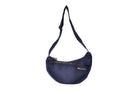Navy Boat [Medium] crescent crossbody bag with adjustable strap and front zip pocket, handmade from repurposed MA-1 flight jacket material. Front