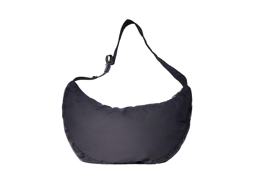 Black Boat Large, back, sustainable crossbody bag handmade from deadstock Halley Stevensons dry waxed cotton material with adjustable strap.