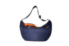 Navy Boat Large, front, sustainable crossbody bag handmade from repurposed MA-1 flight jacket material with adjustable strap, two front zip pockets and internal leather pouch stitched to recycled polyester lining.