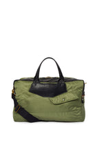 Olive duffel bag with black accents on a white background