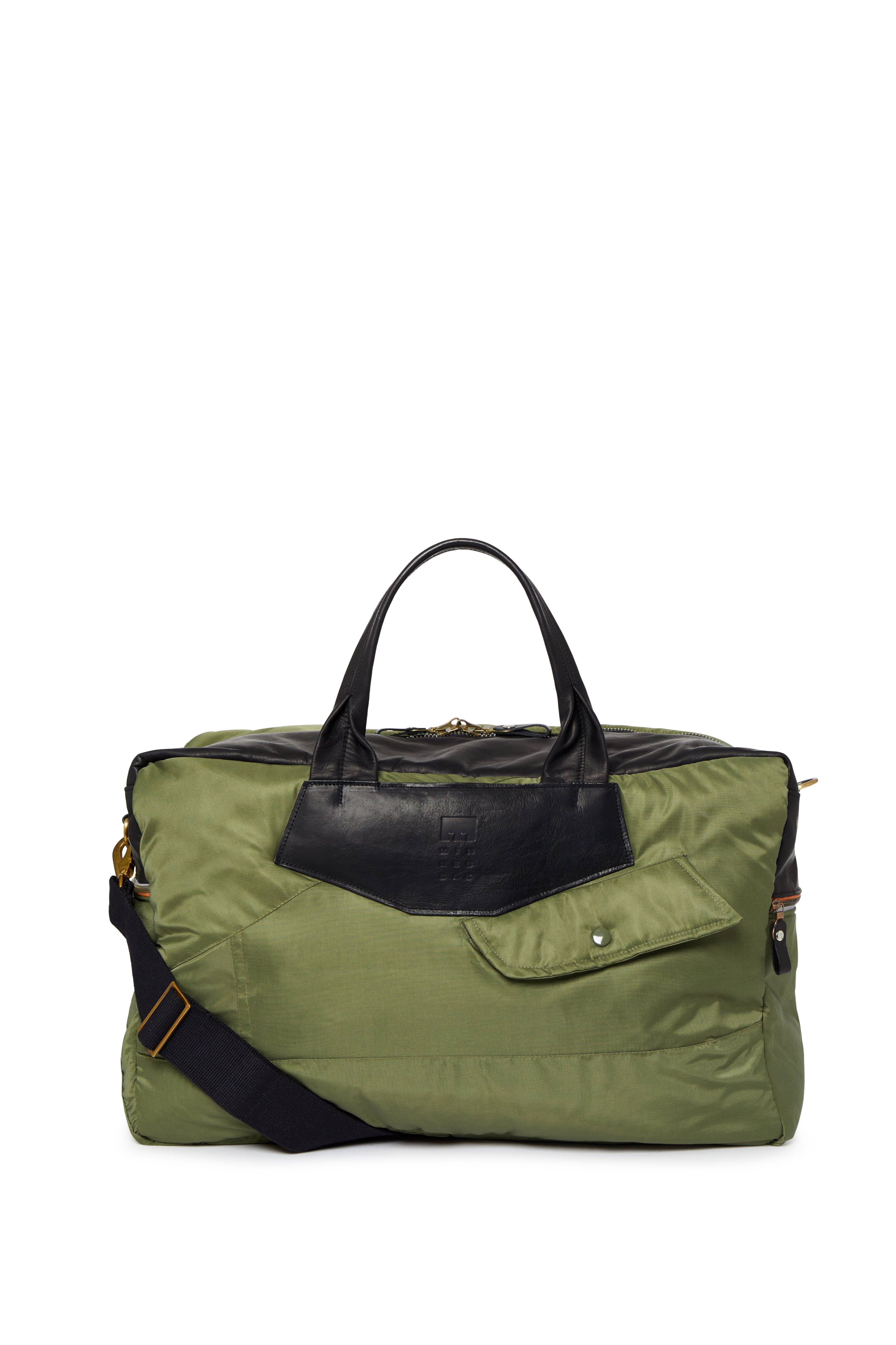 Olive duffel bag with black accents on a white background
