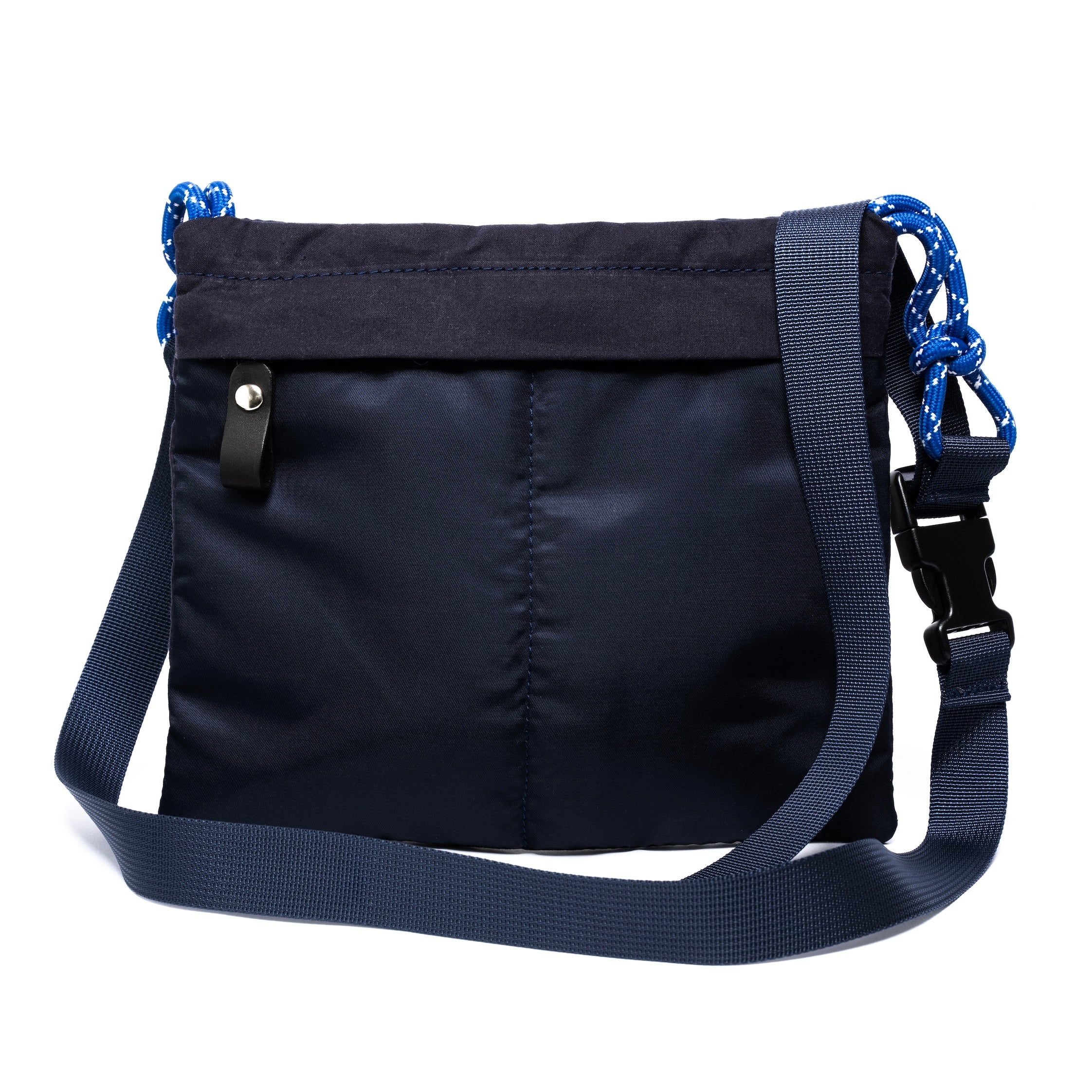 Black shoulder bag with blue chain straps on a white background