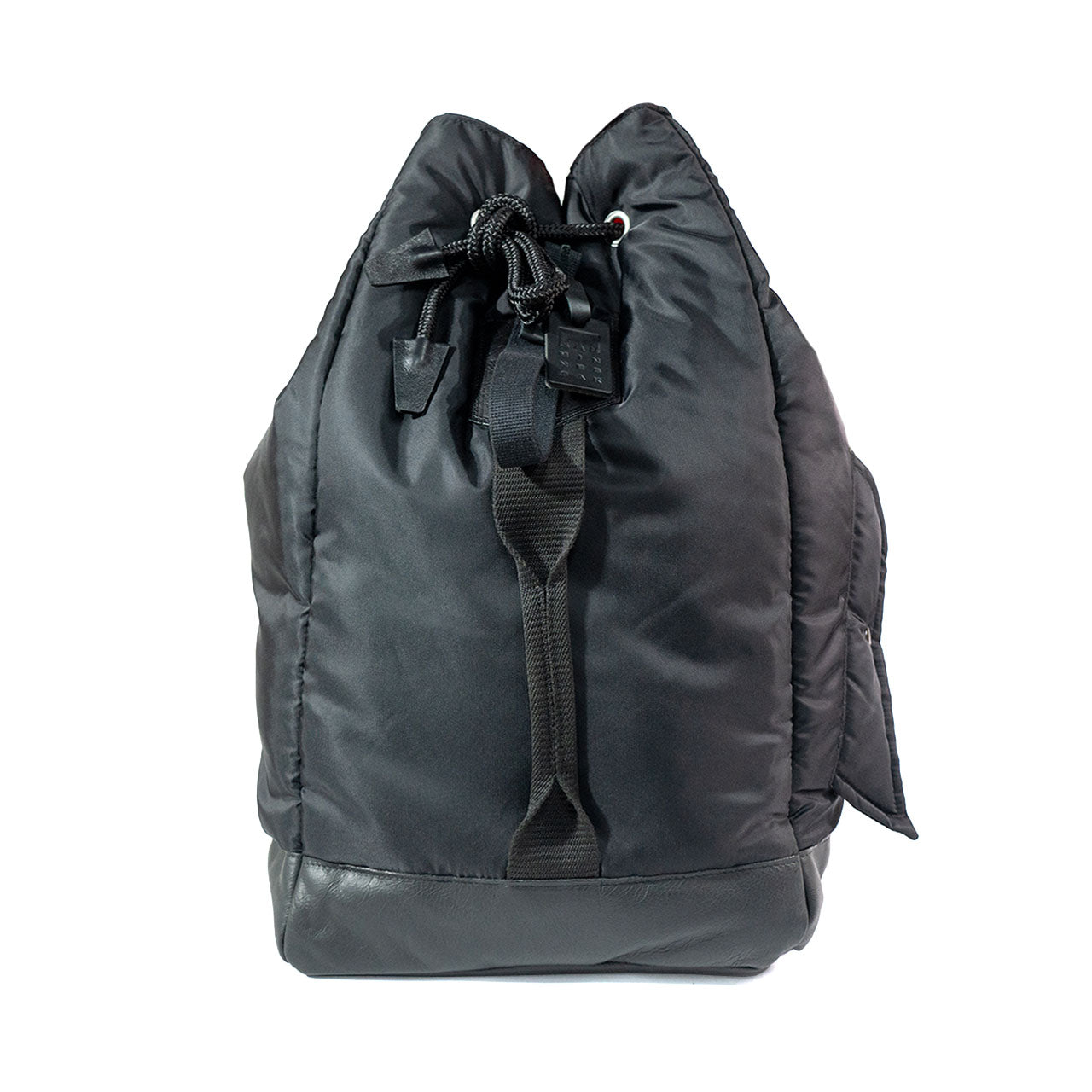 Black backpack with a drawstring on a white background