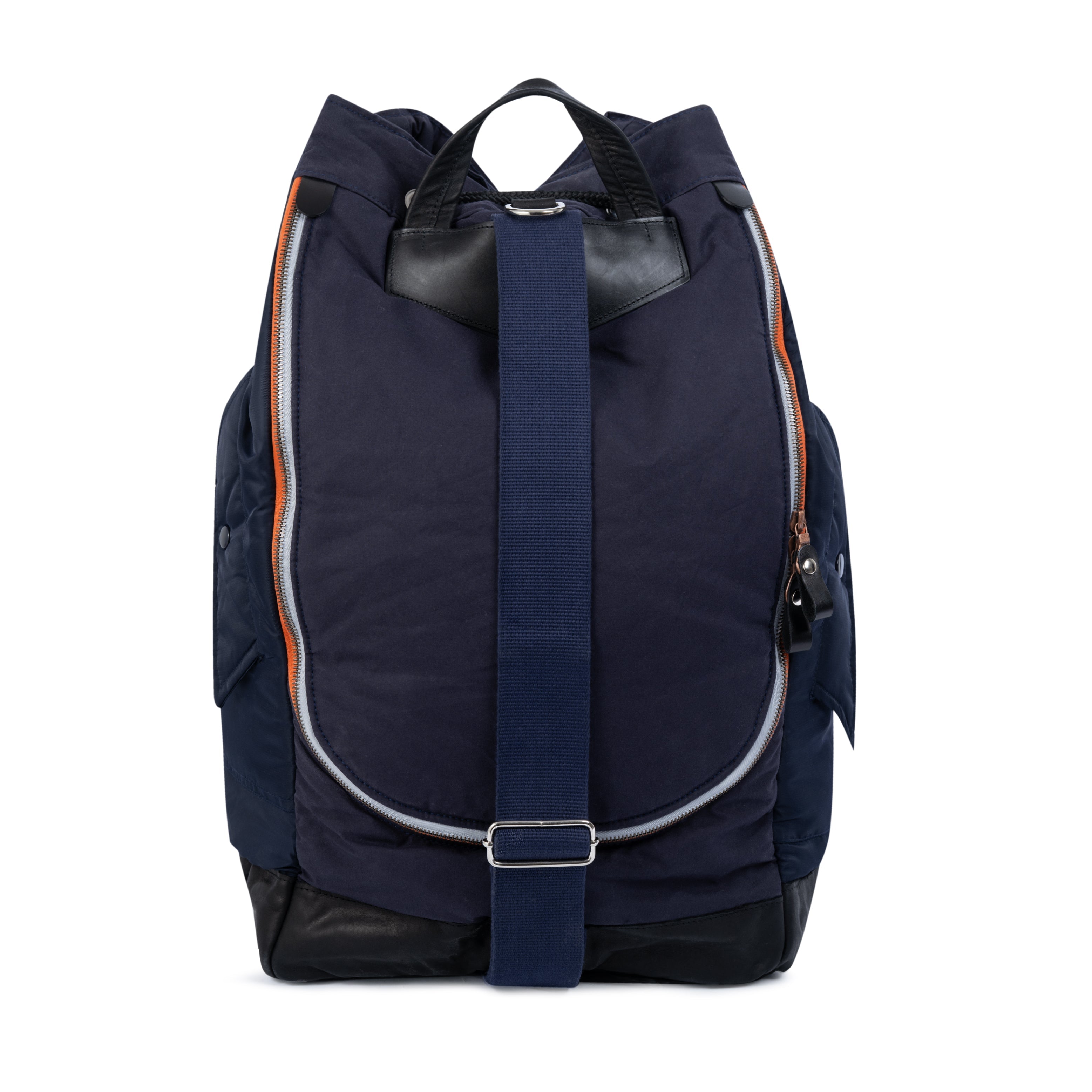 Navy blue backpack with orange accents on a white background