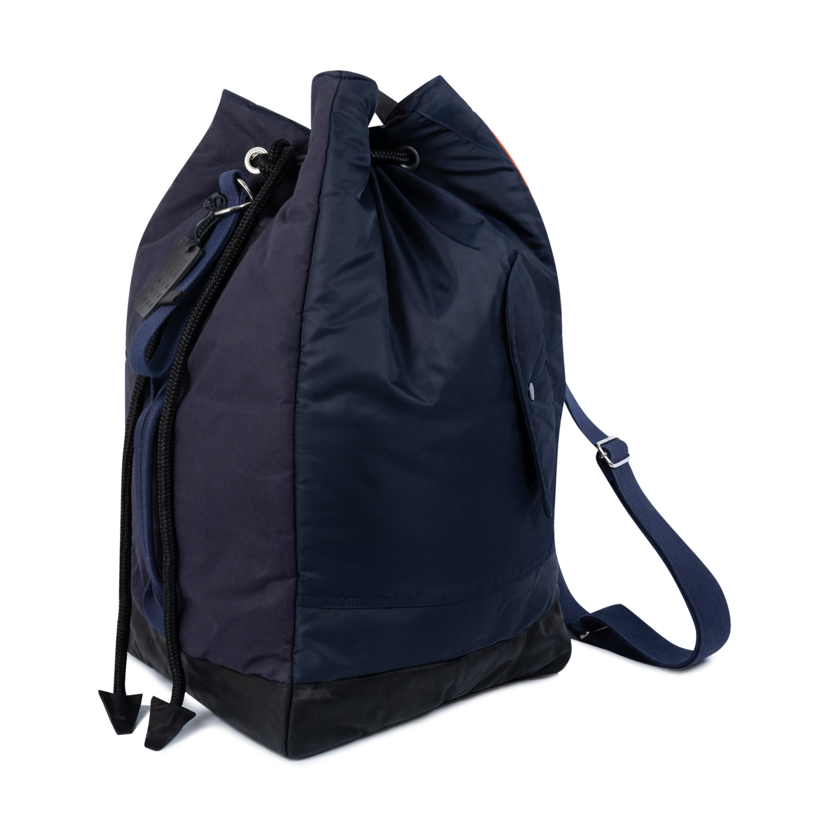Navy blue drawstring backpack on a white background