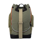 Olive backpack with a beige strap on a white background