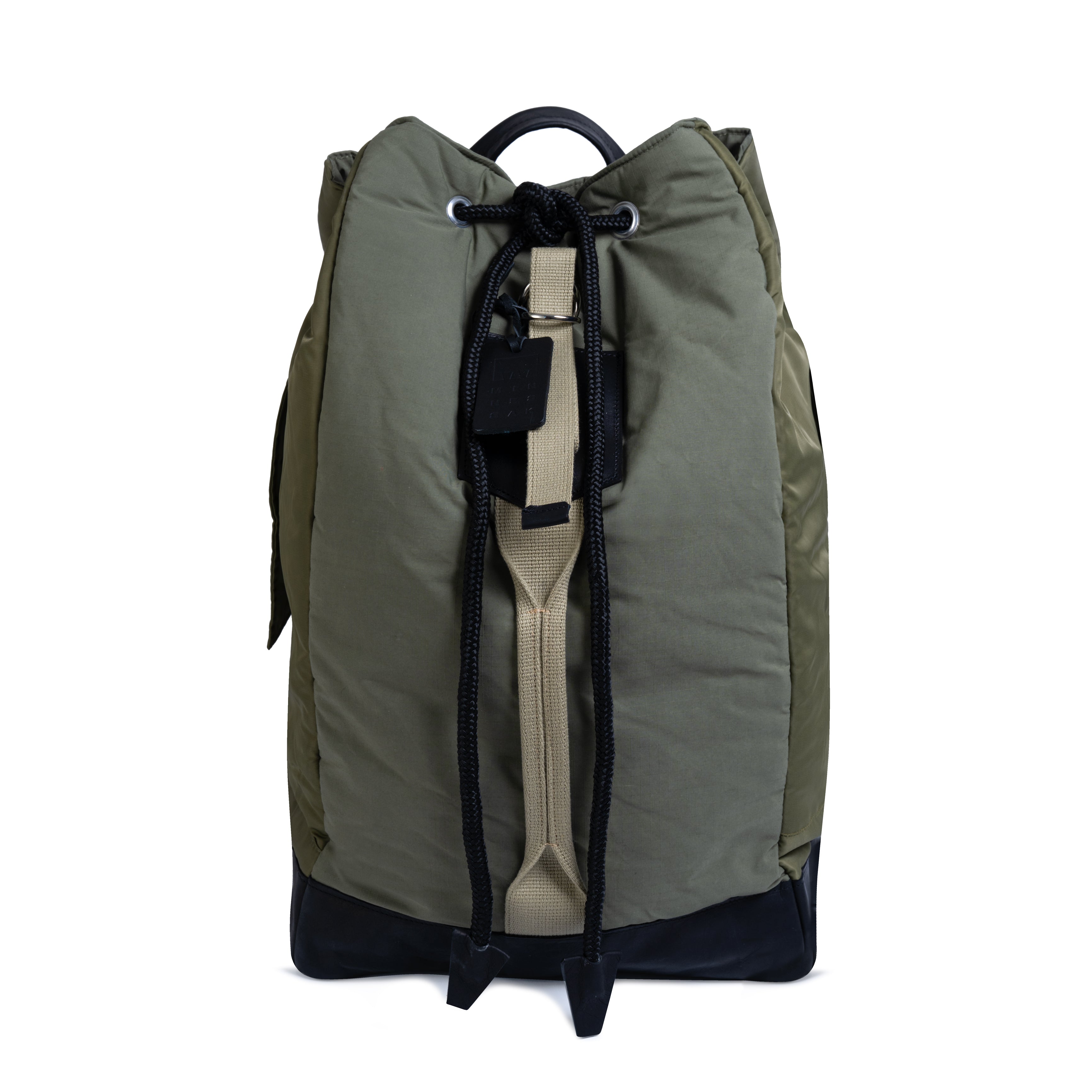 Olive backpack with a black handle on a white background