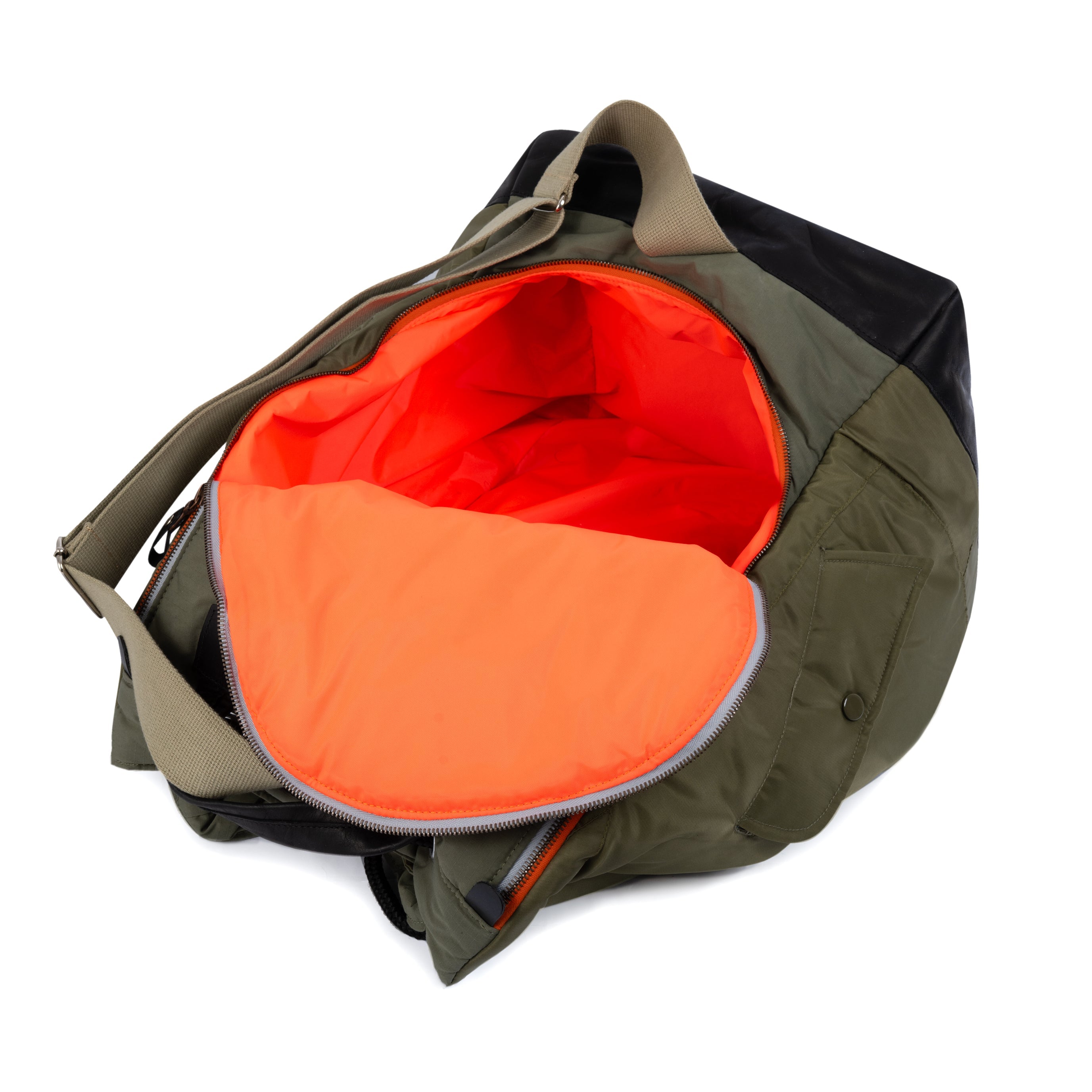 Olive backpack with orange interior on a white background