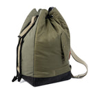Olive drawstring bag with black base on a white background