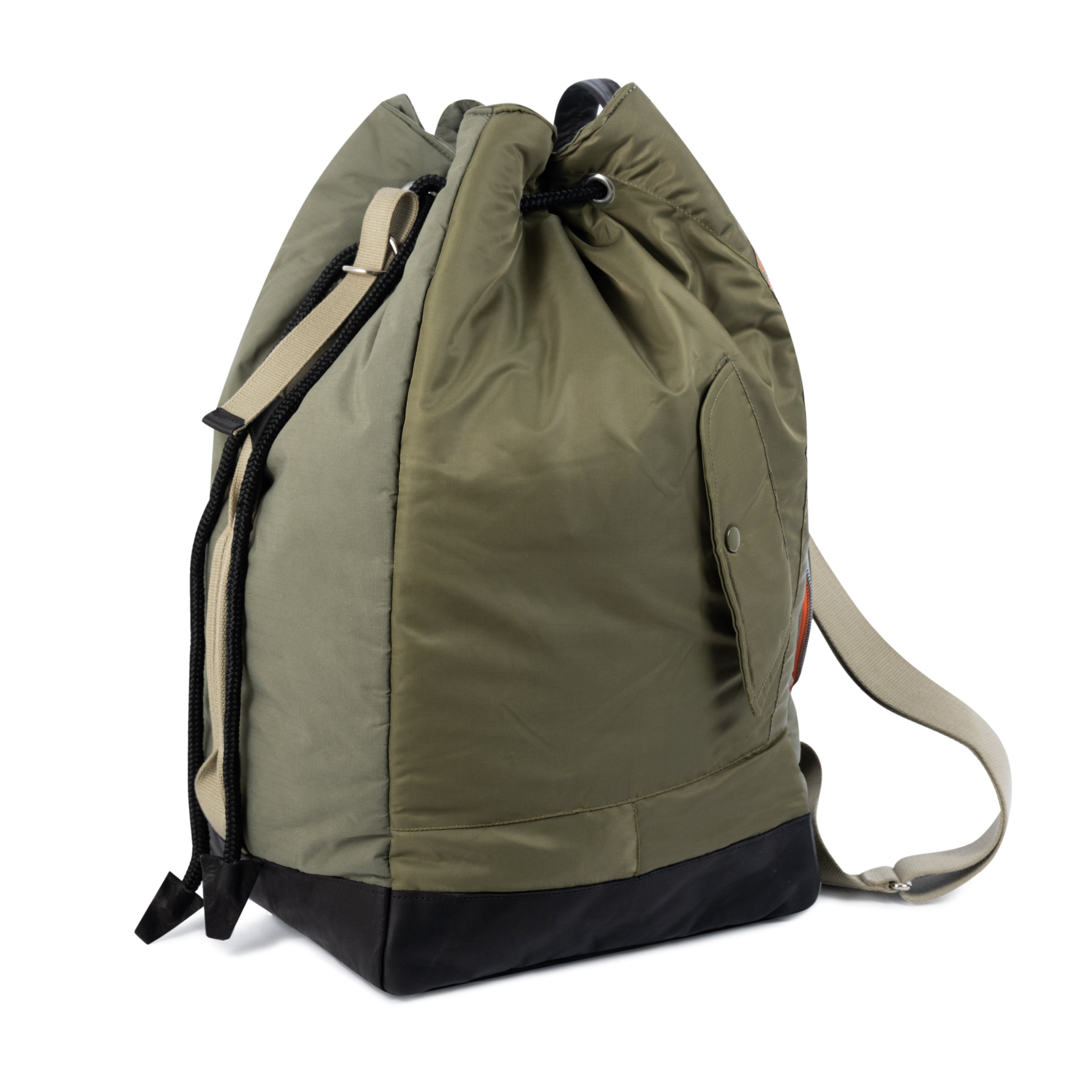 Olive drawstring bag with black base on a white background