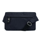 Black waist bag with a strap on a white background