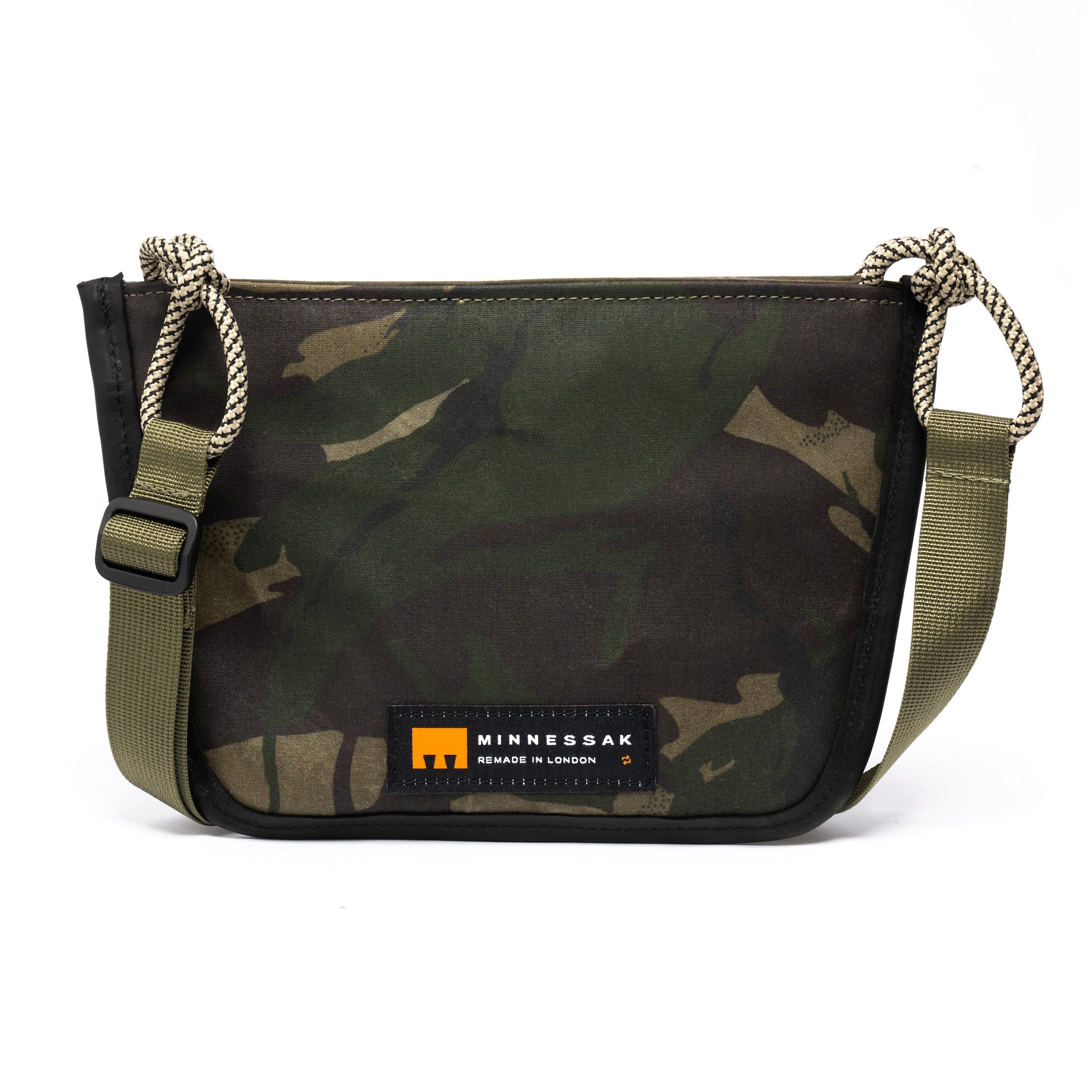 Beige & Camo shoulder/cross body bag showing strap detail and MInnessak logo on white background