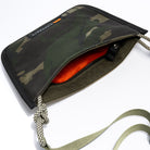 Beige & Camo shoulder/cross body bag showing strap internal detail on white background