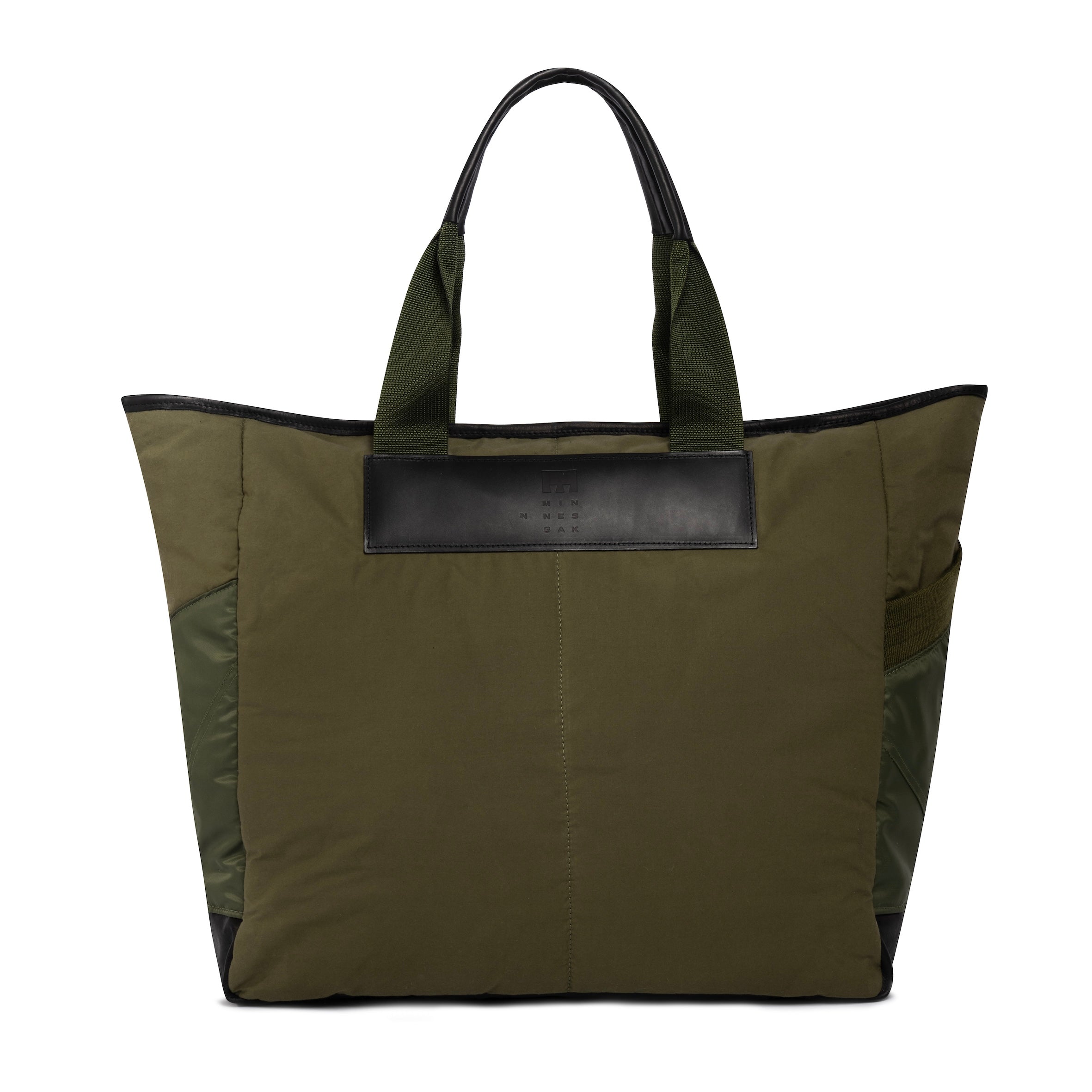 Large olive tote bag on white background

