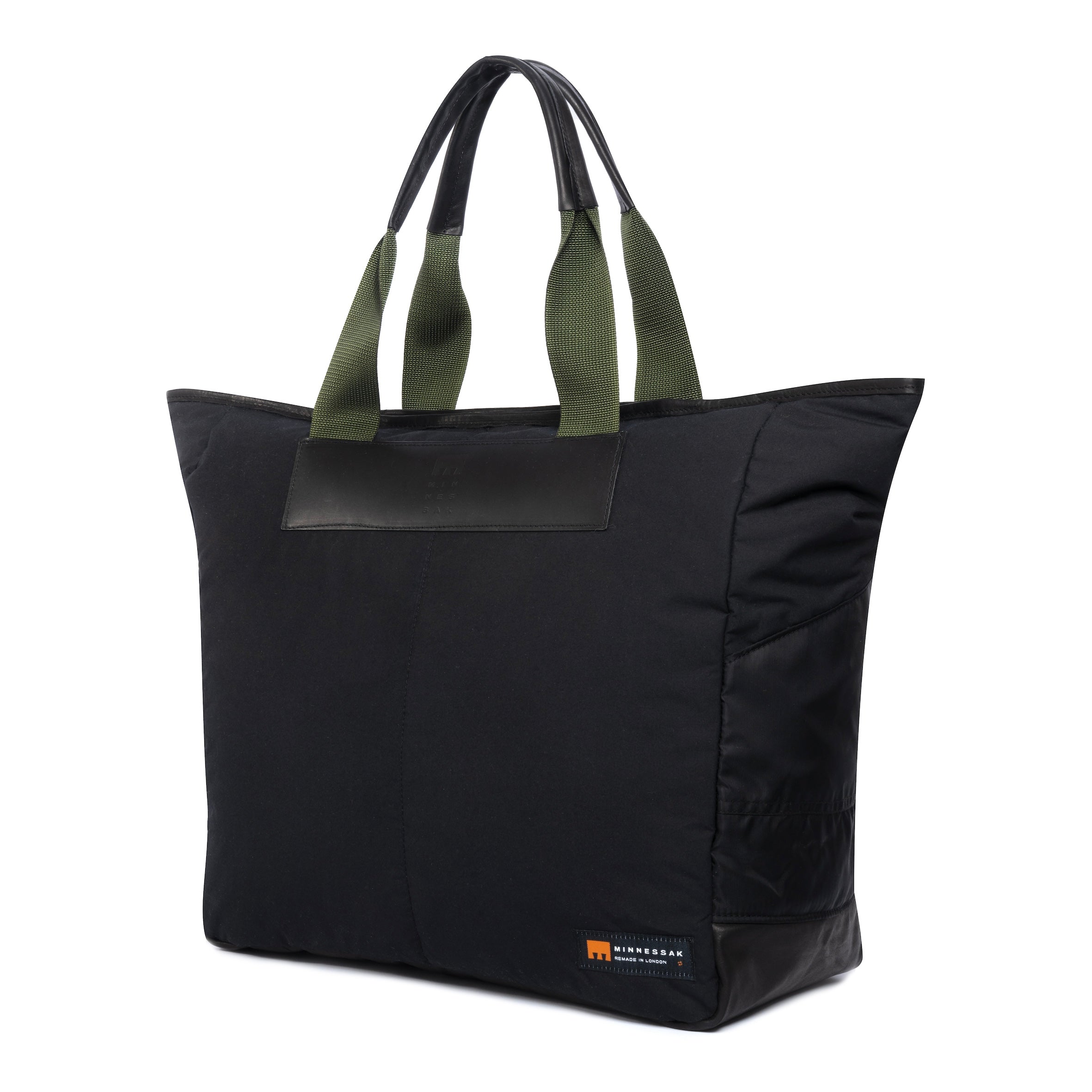 Large black tote bag side view on white background