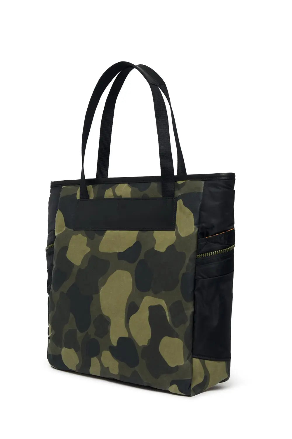 Camouflage-patterned tote bag with black accents on a white background
