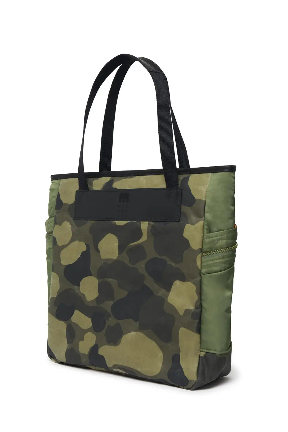 Camouflage tote bag with black handles on a white background