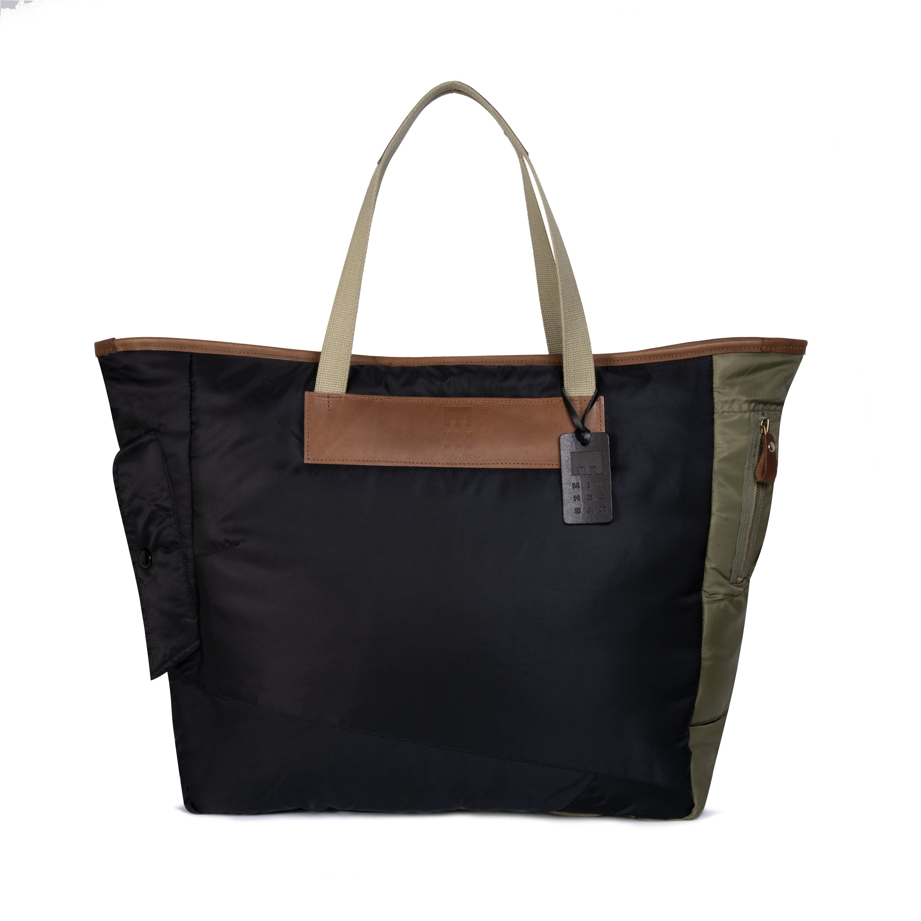 Black tote bag with brown and olive accents on a white background