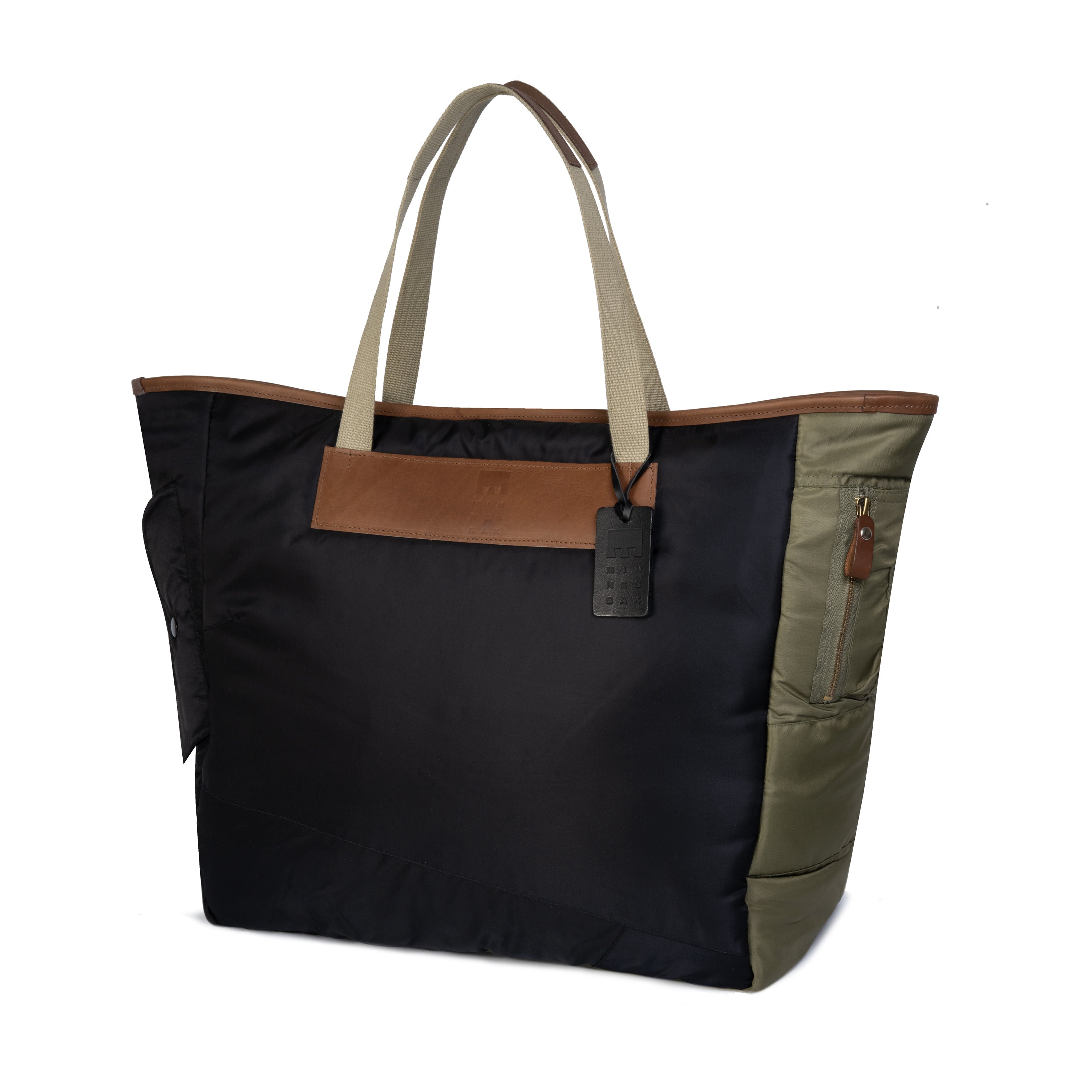 Black tote bag with brown and olive accents on a white background