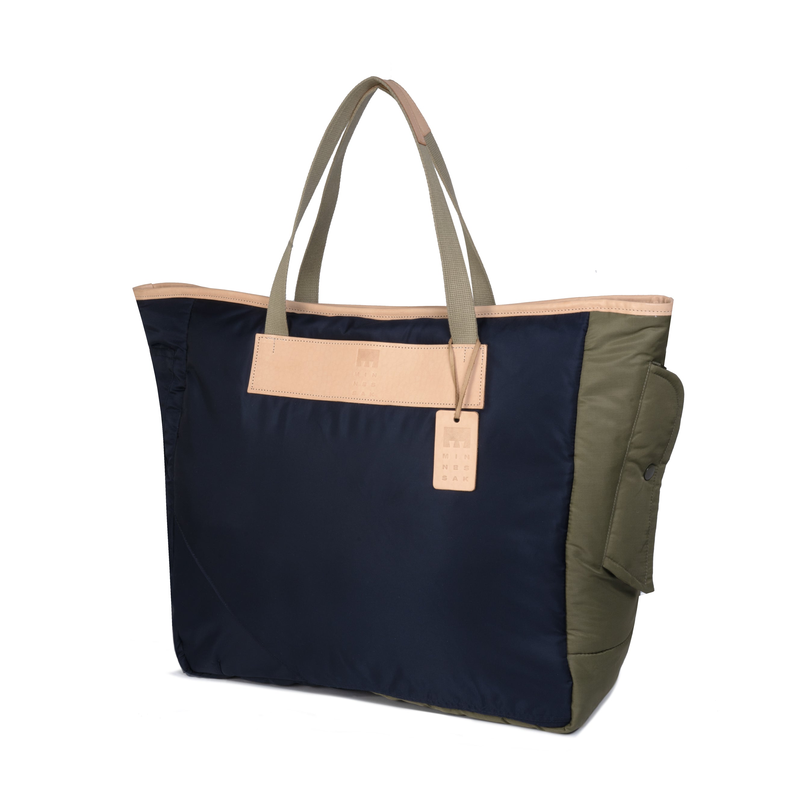 Multicolored tote bag with Olive handle and trim on a white background