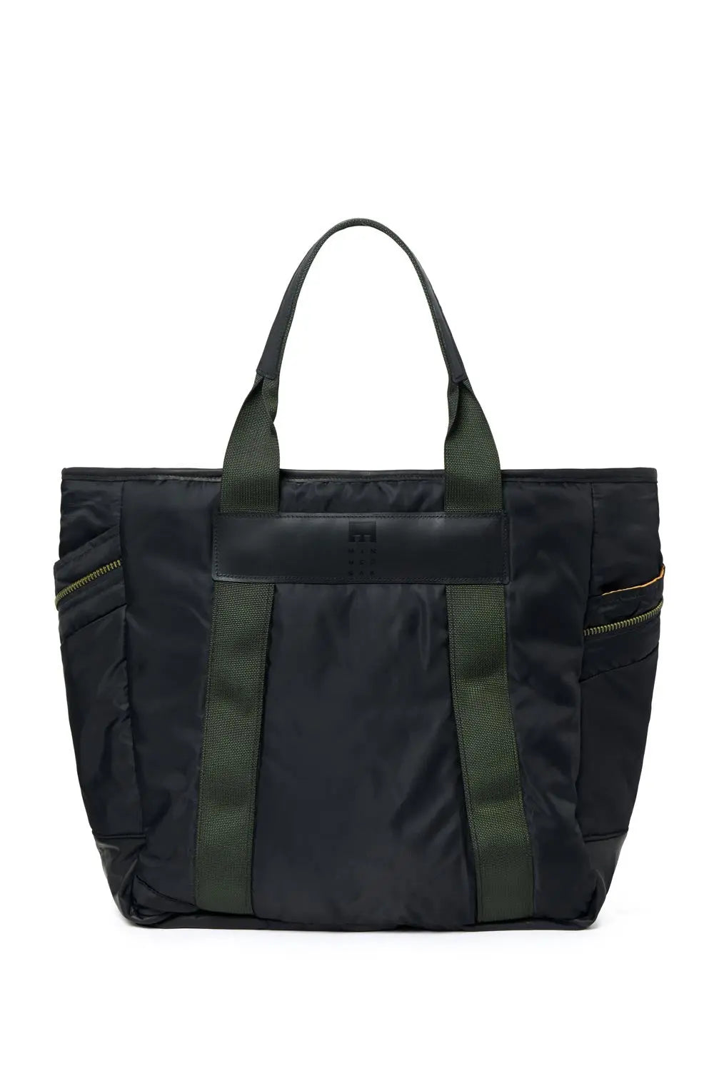 Black and green tote bag on a white background