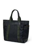 Black tote bag with green accents on a white background