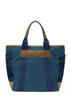 Navy Blue tote bag with brown accents on a white background