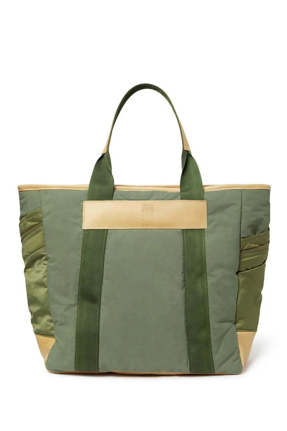 Olive tote bag with beige accents on a white background